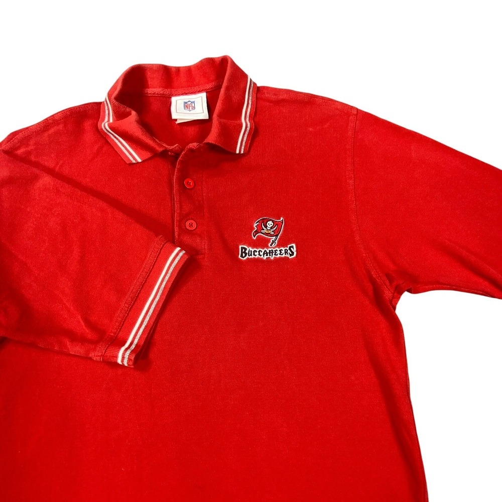 Vintage Tampa Bay‎ Buccaneers NFL Shirt Mens L Red Polo Pirate Flag Stripe Cuffs